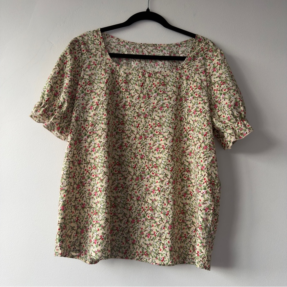 Floral Puff Sleeve Square Neck Blouse Cream Pink Green XXL Cottagecore Top